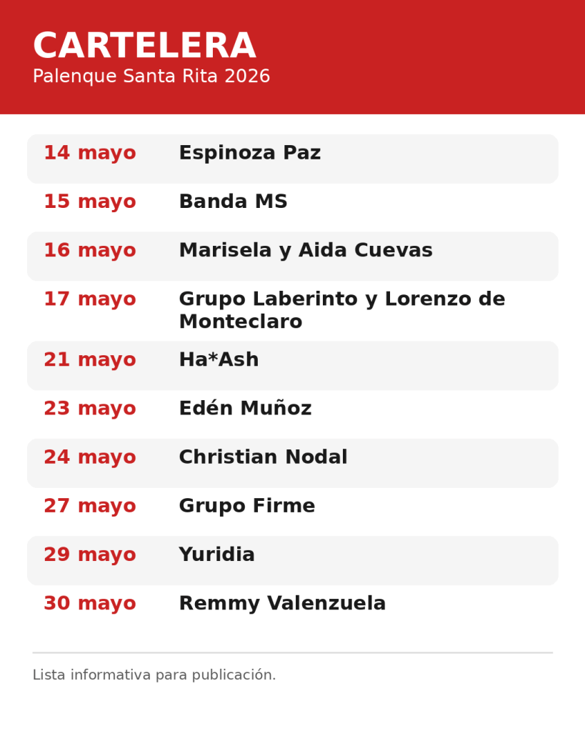 Grupo Firme, Nodal, Yuridia y más: así viene Santa Rita&nbsp;2026