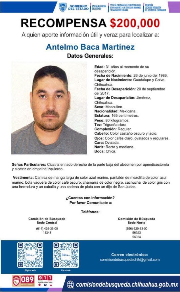 Ofrecen 200 mil pesos por información para localizar a hombre desaparecido en&nbsp;Jiménez