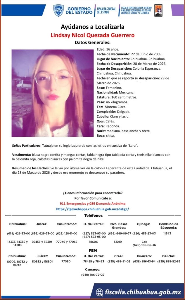 Activan pesquisa para localizar a adolescente desaparecida en&nbsp;Chihuahua